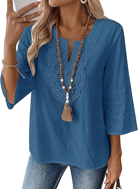 Eustace | Women's Lace Trim V-Neck Three-Quarter Sleeve Tunic Top