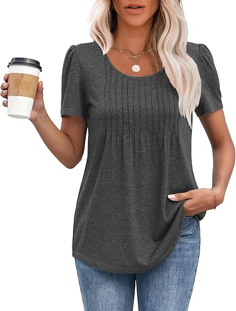Godfrey | Women's Puff Sleeve Pleated Front Round Neck Loose Top