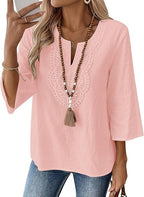 Eustace | Women's Lace Trim V-Neck Three-Quarter Sleeve Tunic Top