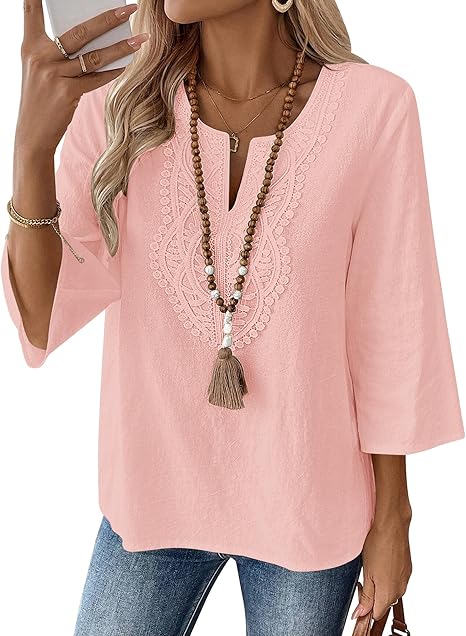 Eustace | Women's Lace Trim V-Neck Three-Quarter Sleeve Tunic Top