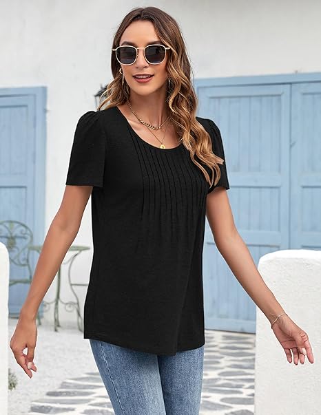 Godfrey | Women's Puff Sleeve Pleated Front Round Neck Loose Top