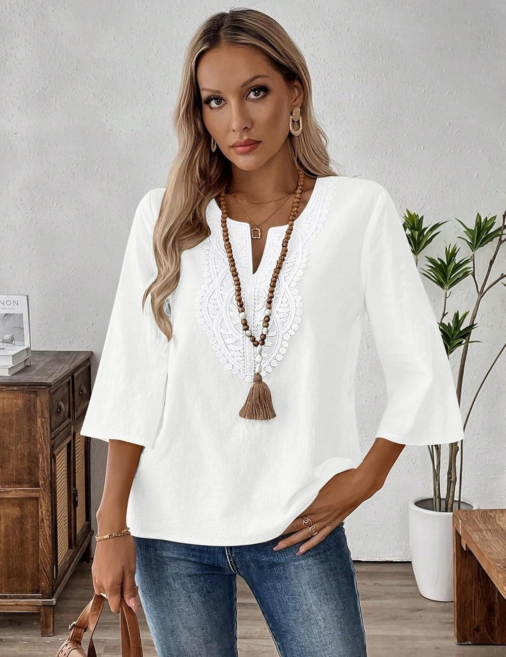 Eustace | Women's Lace Trim V-Neck Three-Quarter Sleeve Tunic Top