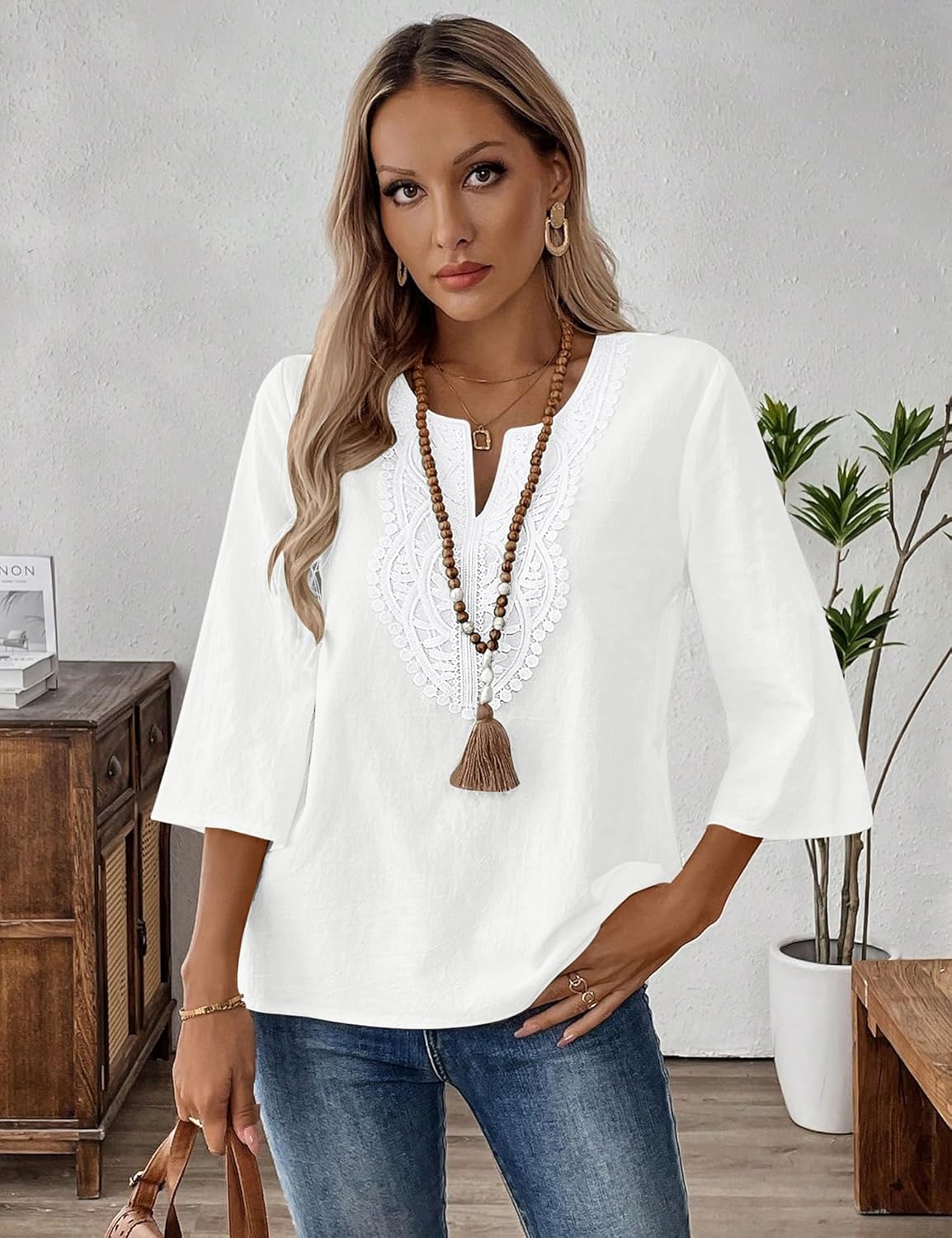 Eustace | Women's Lace Trim V-Neck Three-Quarter Sleeve Tunic Top