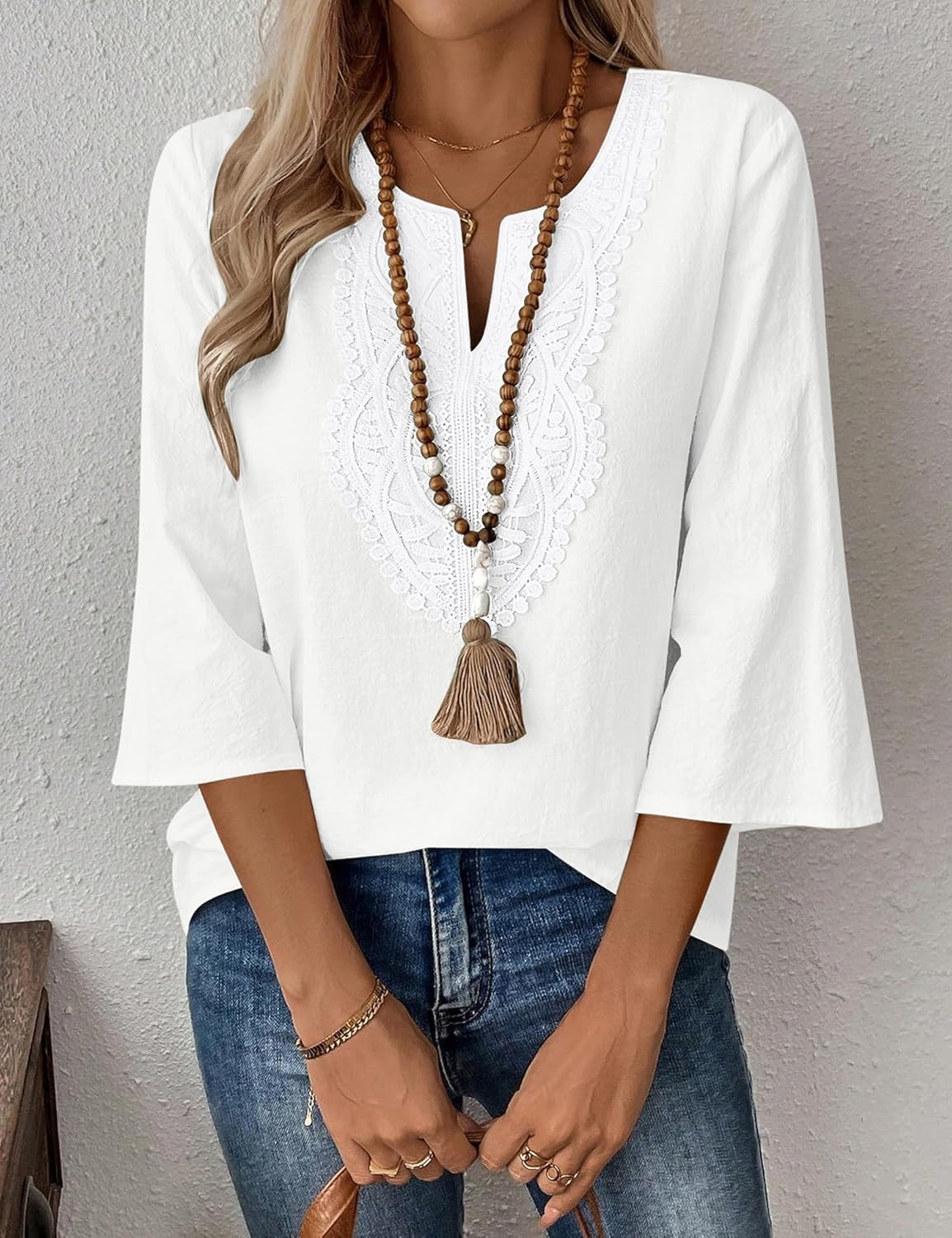 Eustace | Women's Lace Trim V-Neck Three-Quarter Sleeve Tunic Top