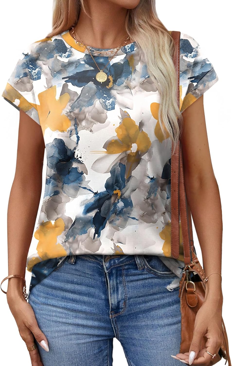 Havardr | Women's Floral Print Cap Sleeve Tunic Summer Top