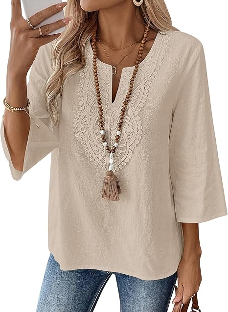 Eustace | Women's Lace Trim V-Neck Three-Quarter Sleeve Tunic Top