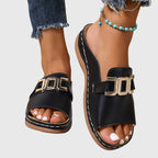 Zyphora | Women's Gold Hardware Buckle Flat Slip-On Sandals