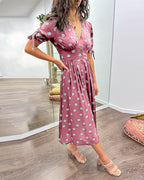 Avalune | Women's Polka Dot Tie Sleeve Button-Down Midi Dress