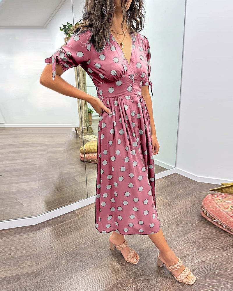 Avalune | Women's Polka Dot Tie Sleeve Button-Down Midi Dress