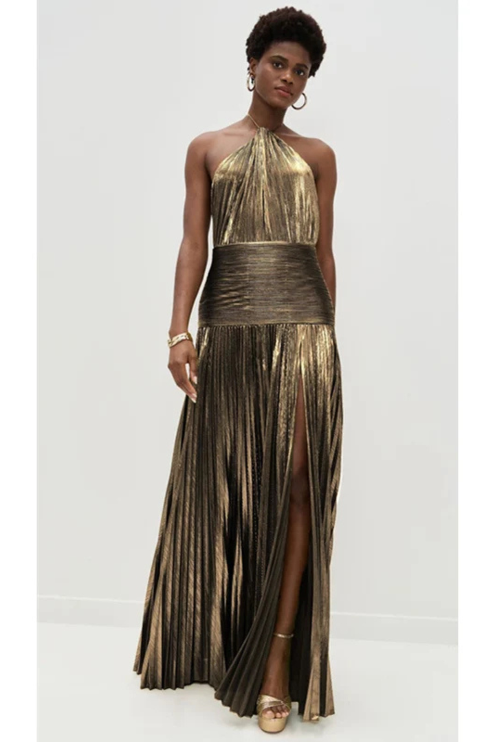 Mirabel | Women's Halter Neck Pleated Satin Maxi Dress
