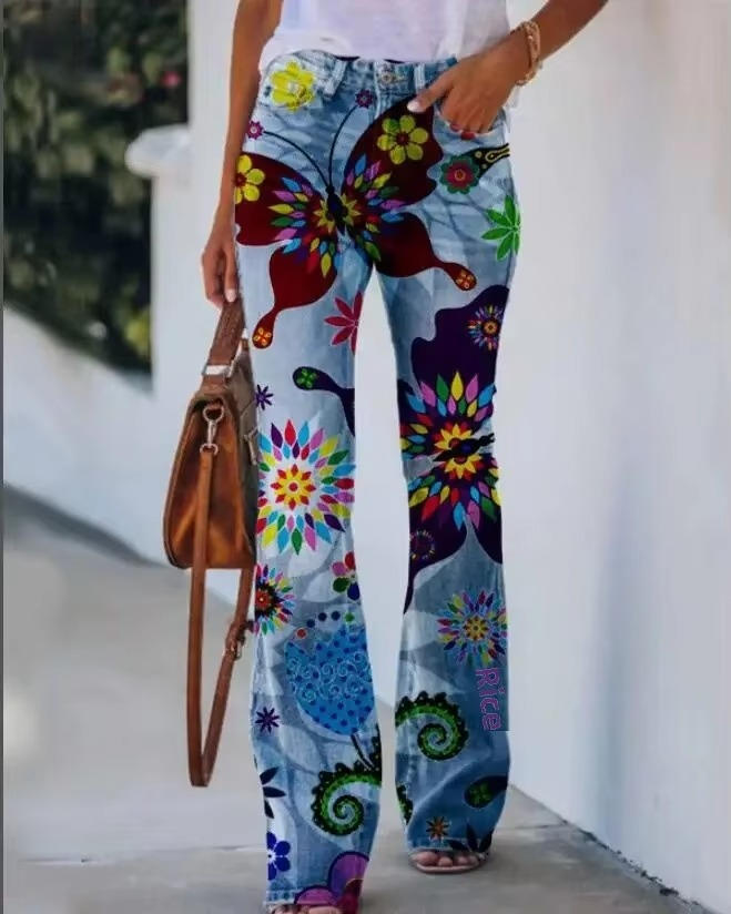 Valdis | Women's Floral Print High Waist Flare Jeans