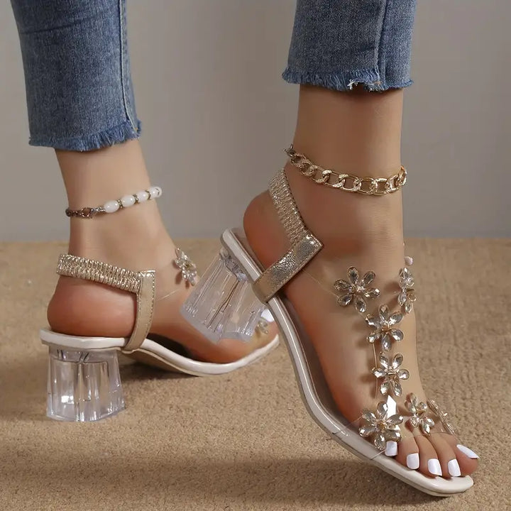 Caius | Women's Floral Crystal T-Bar Clear Block Heel Sandals