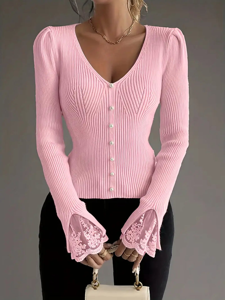 Ribbed Top with V-Neck and Lace Sleeves