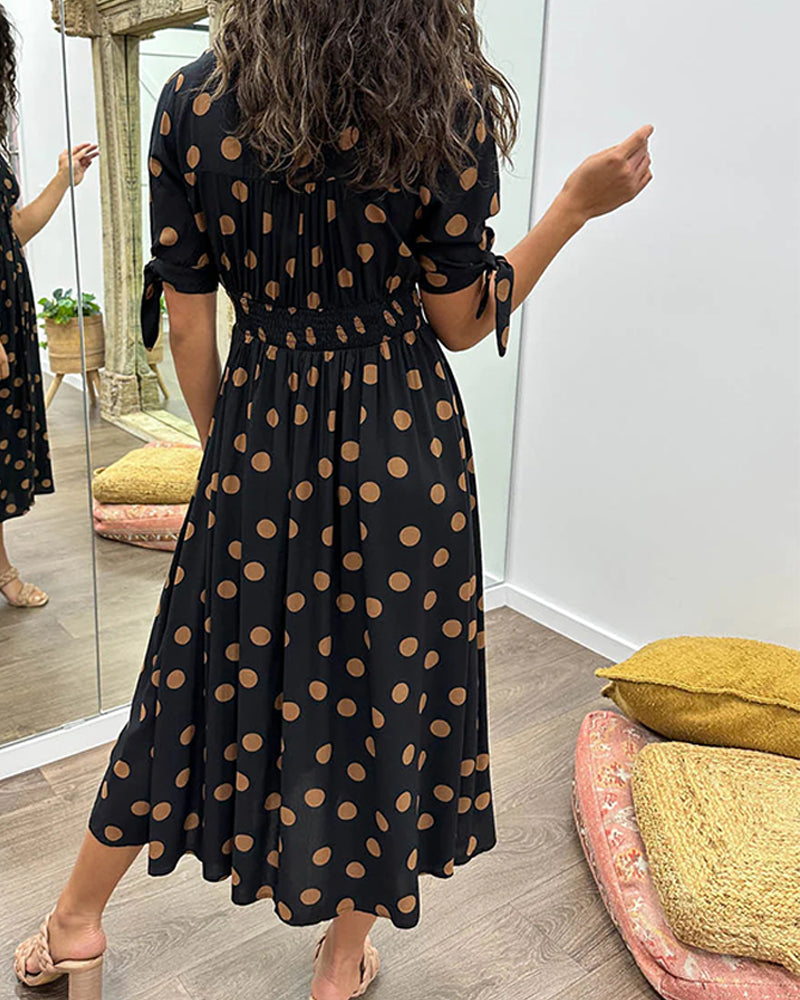 Avalune | Women's Polka Dot Tie Sleeve Button-Down Midi Dress