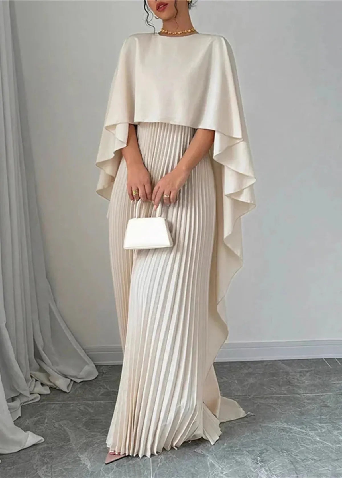 Elene | Women's Pleated Cape Wedding Guest Maxi Dress