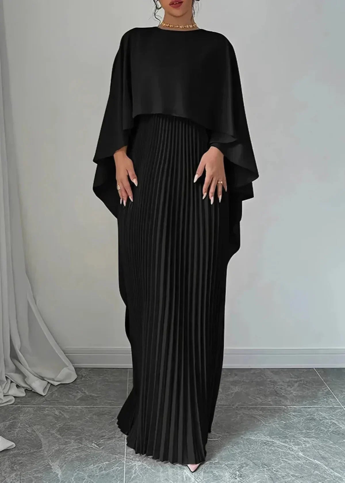 Elene | Women's Pleated Cape Wedding Guest Maxi Dress