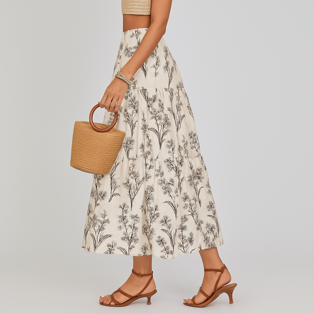 Olyssia | Women's Botanical Floral Print Tiered Midi Skirt