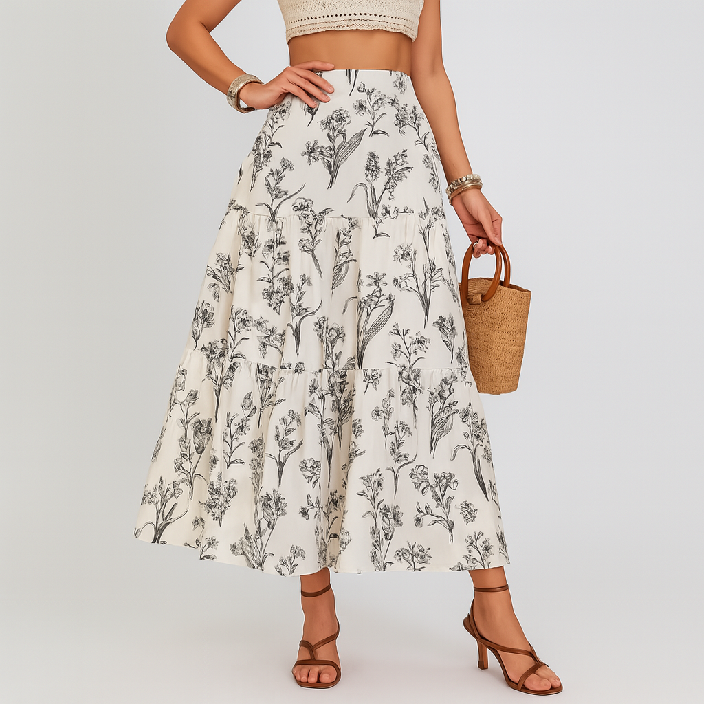 Olyssia | Women's Botanical Floral Print Tiered Midi Skirt