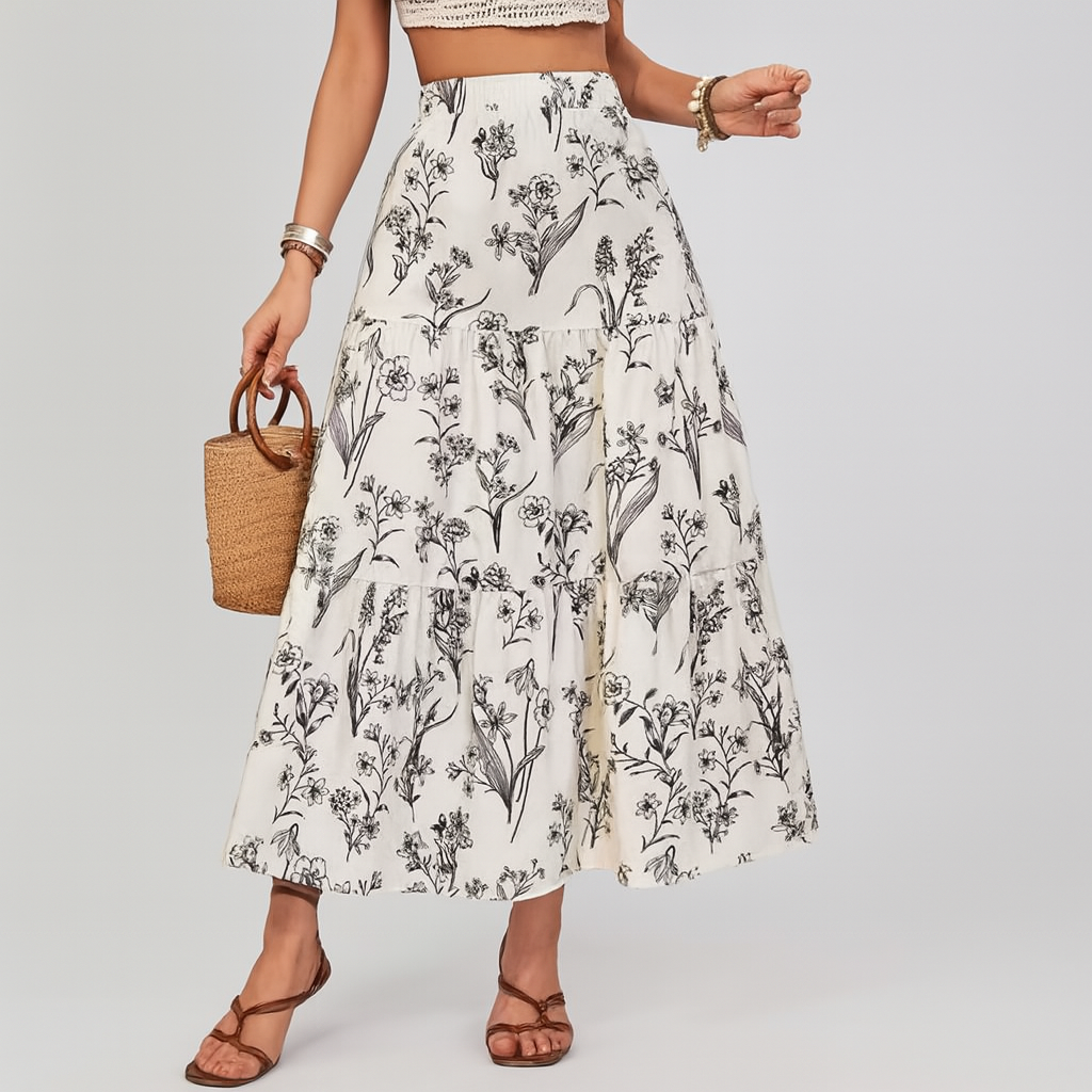 Olyssia | Women's Botanical Floral Print Tiered Midi Skirt