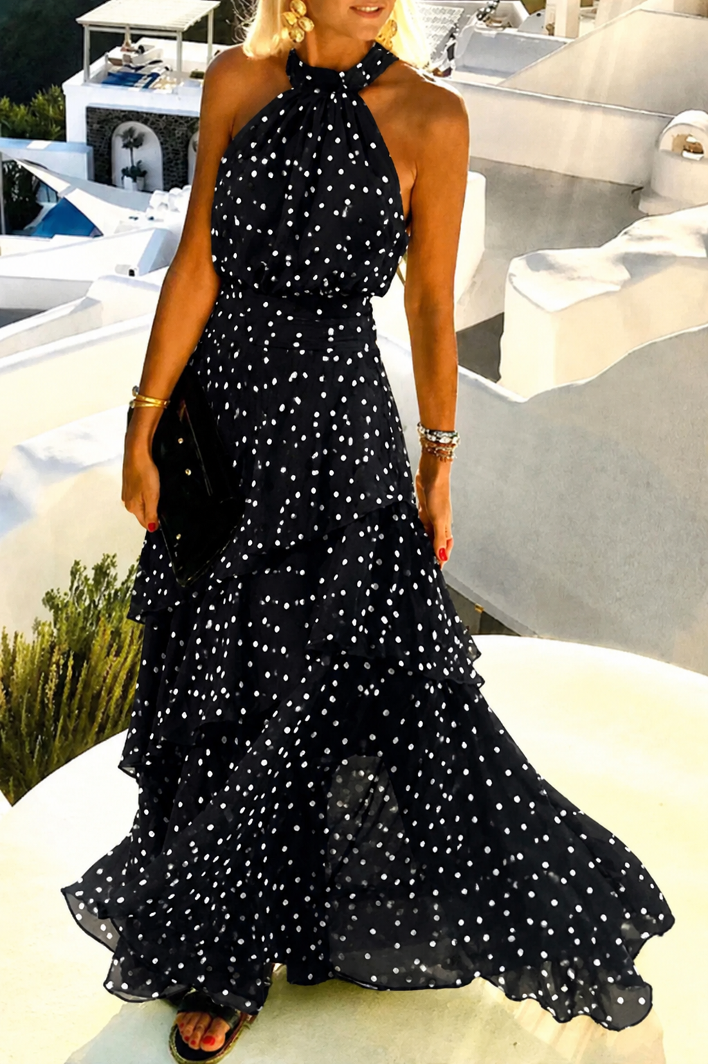 Novira | Women's Halter Neck Pleated Polka Dot Maxi Dress