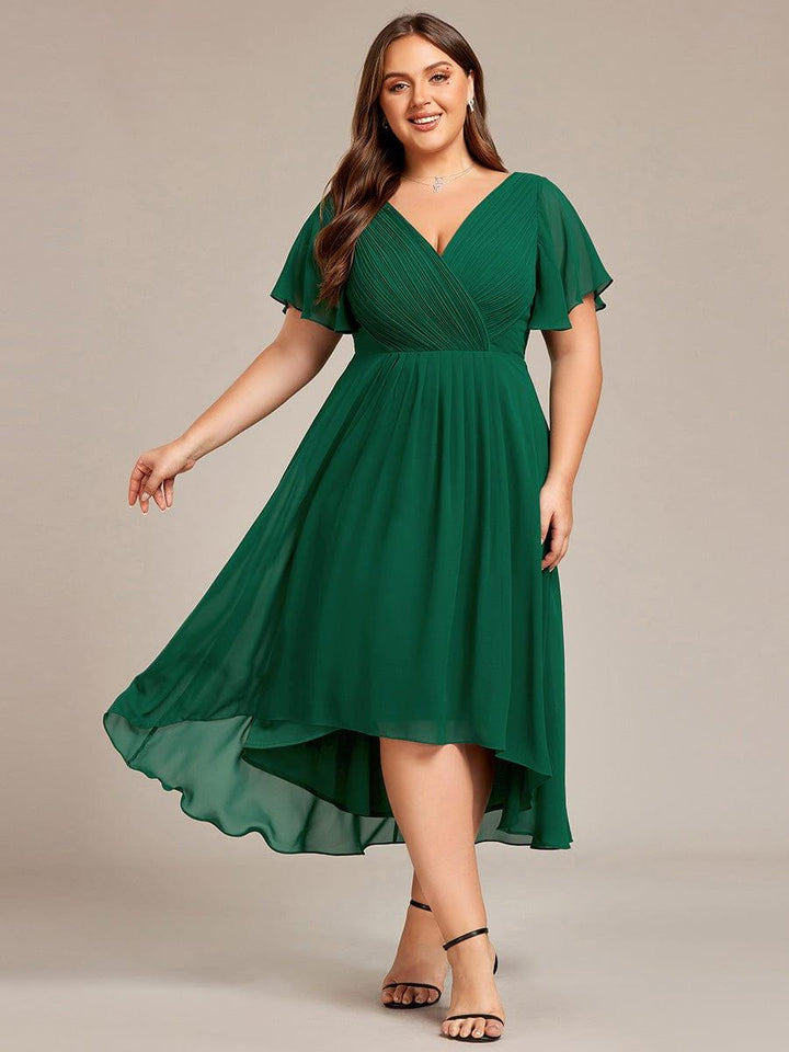 Grace & Jess | Plus Size V-Neck High-Low Chiffon Wedding Guest Dress