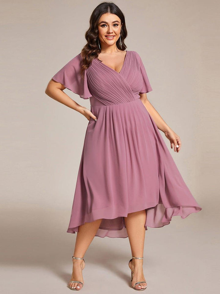 Grace & Jess | Plus Size V-Neck High-Low Chiffon Wedding Guest Dress