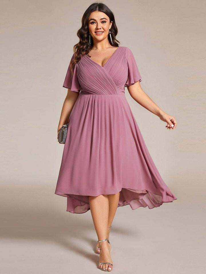 Grace & Jess | Plus Size V-Neck High-Low Chiffon Wedding Guest Dress