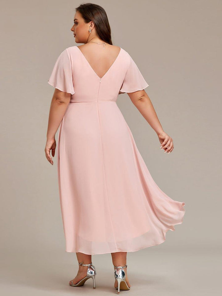 Grace & Jess | Plus Size V-Neck High-Low Chiffon Wedding Guest Dress
