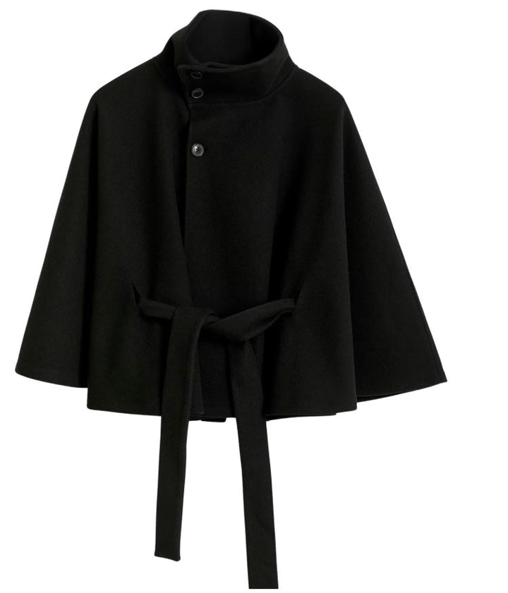 Clara | Cape jacket with sleeves, high collar, and belt