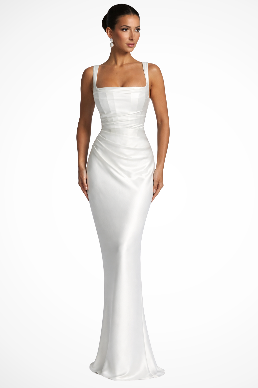 Leonora | Women's Square Neck Ruched Satin Maxi Dress