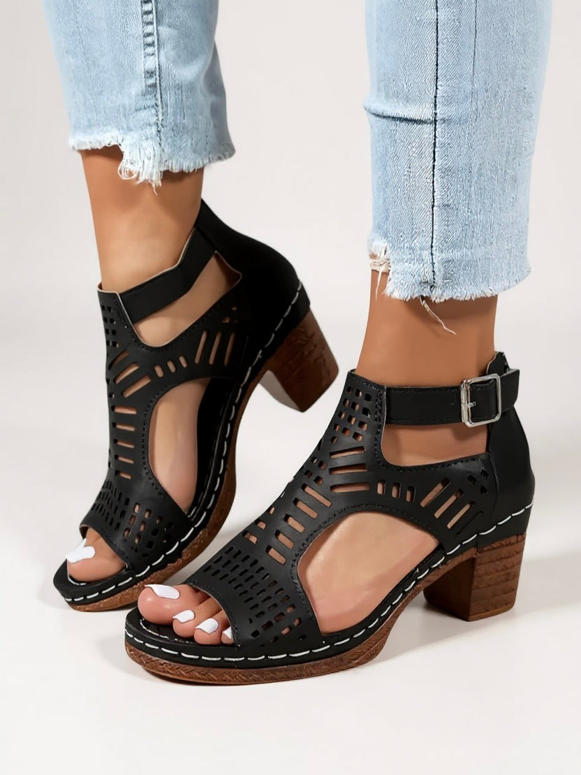 Elara | Women's Block Heeled Sandals with Cutout Design