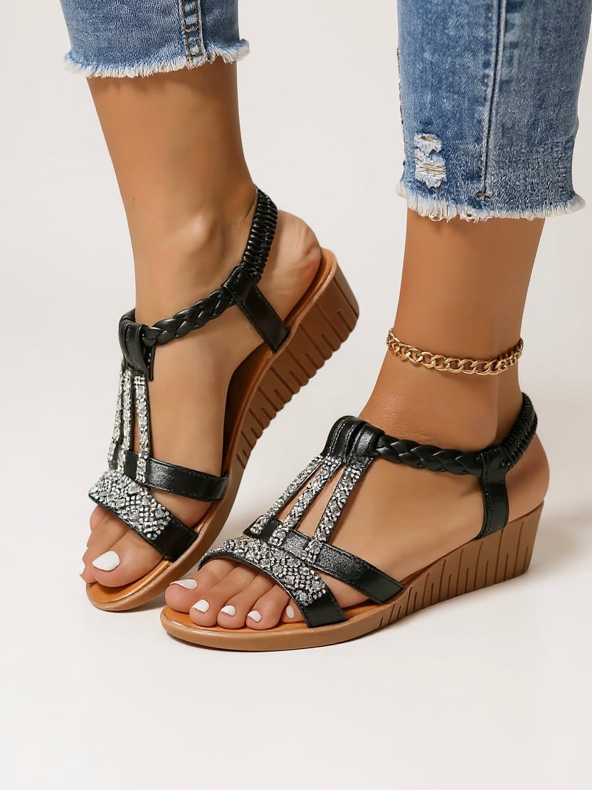 Indigo | Women's Chic Wedge Sandals with Braided T-Strap