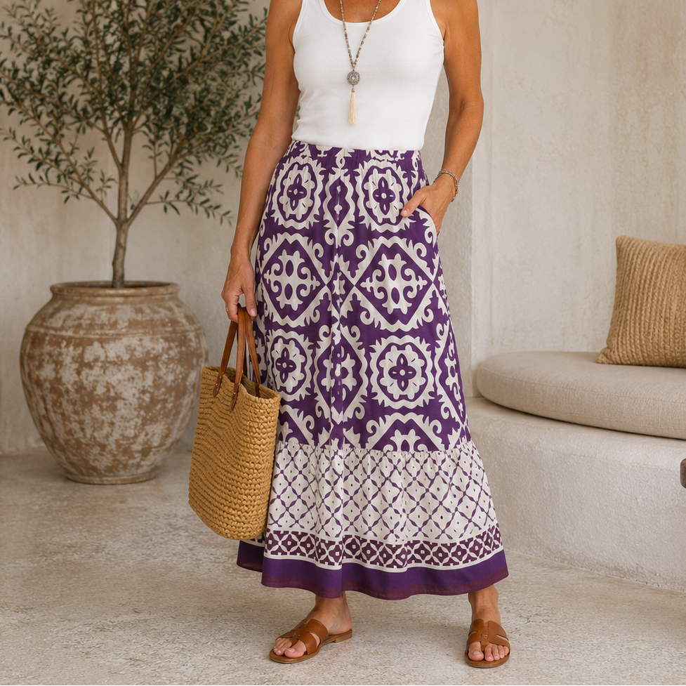 Drew | Women's Boho Geometric Print Tiered Maxi Skirt