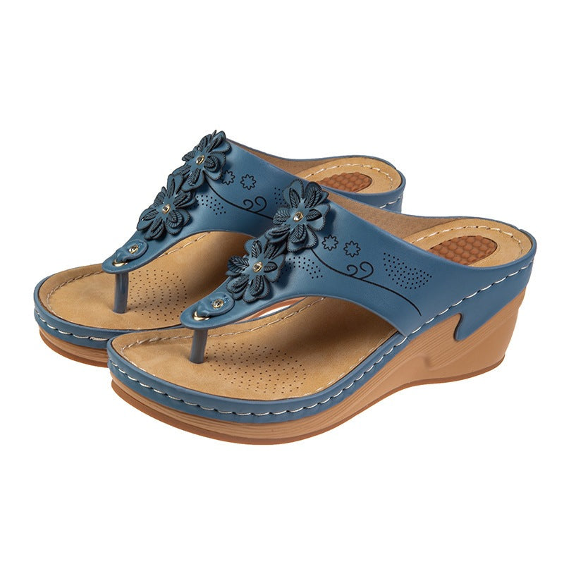 Godelieve | Women's Floral Embellished Toe Post Wedge Slides