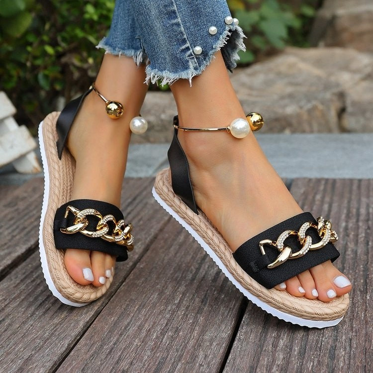 Piran | Women's Gold Chain Woven Flat Slide Sandals
