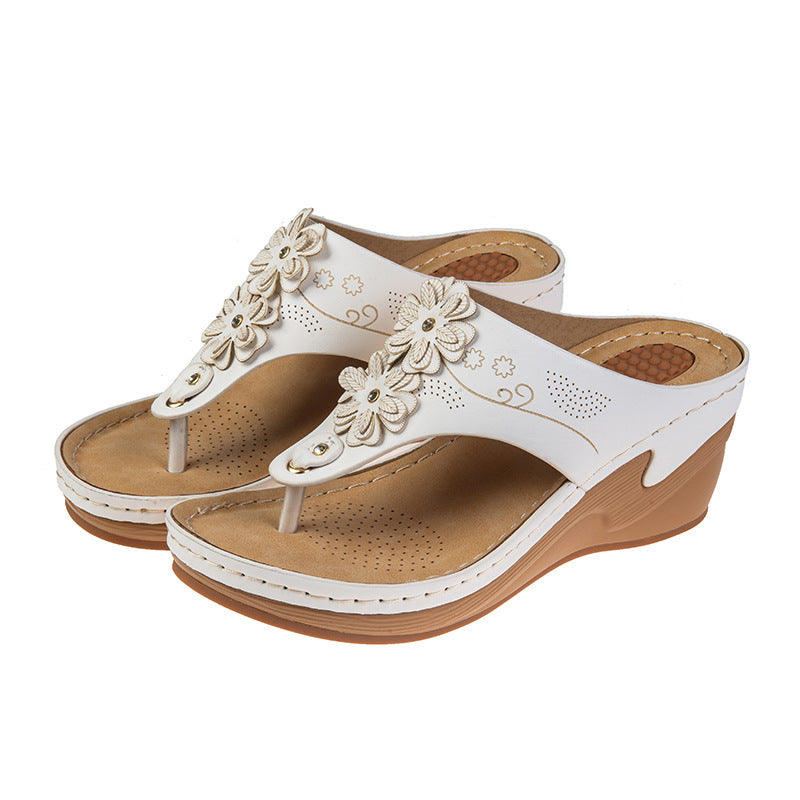 Godelieve | Women's Floral Embellished Toe Post Wedge Slides