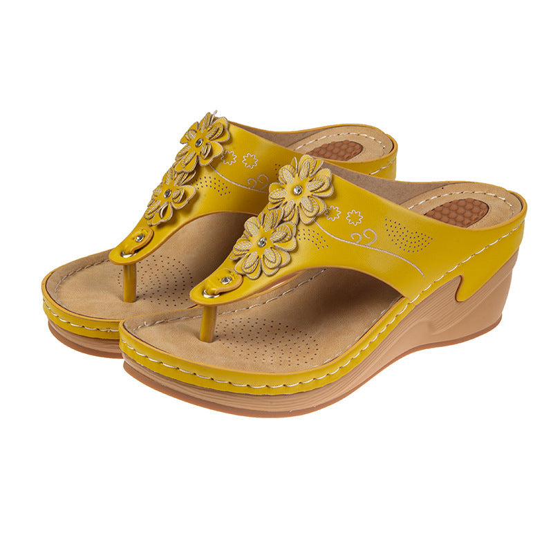 Godelieve | Women's Floral Embellished Toe Post Wedge Slides