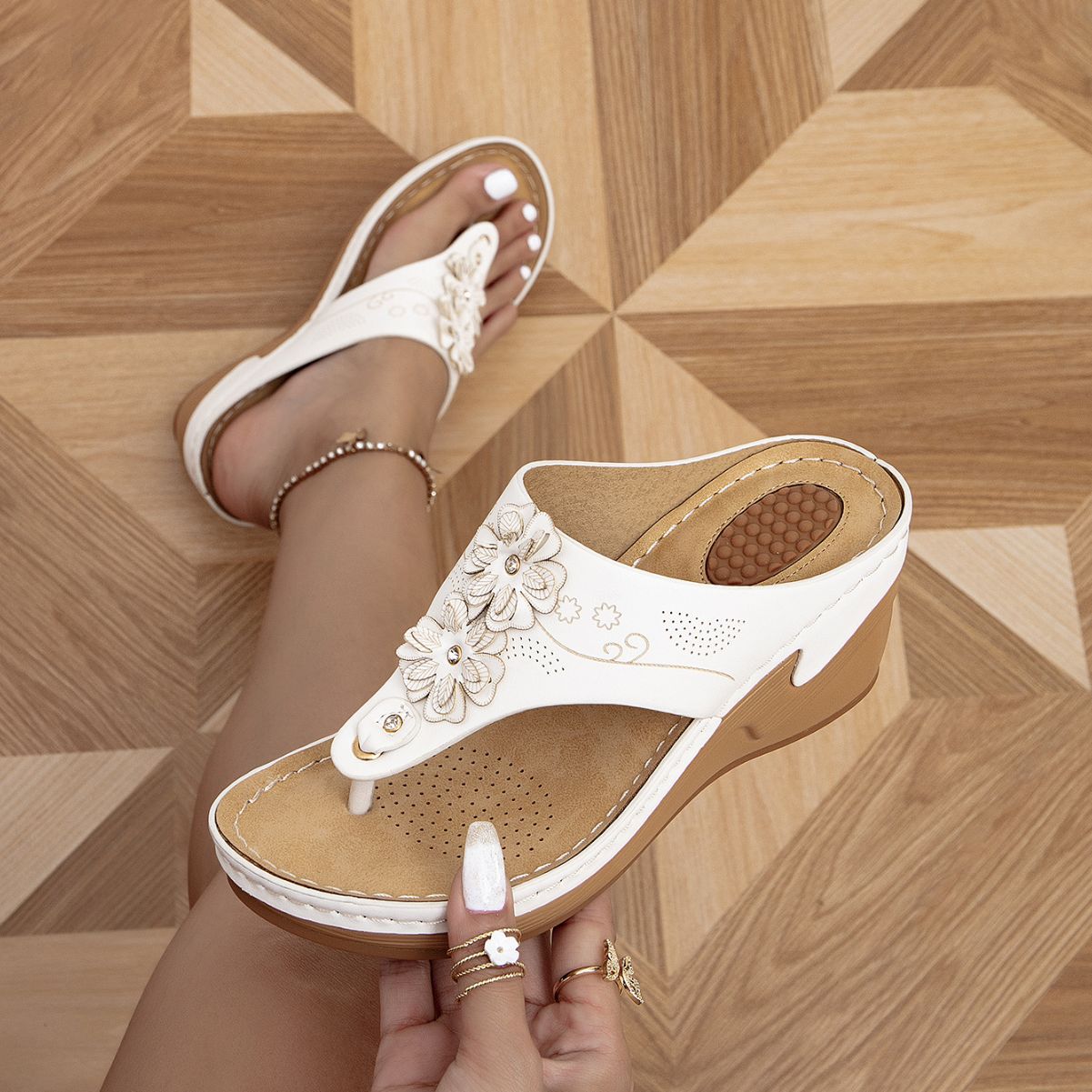 Godelieve | Women's Floral Embellished Toe Post Wedge Slides