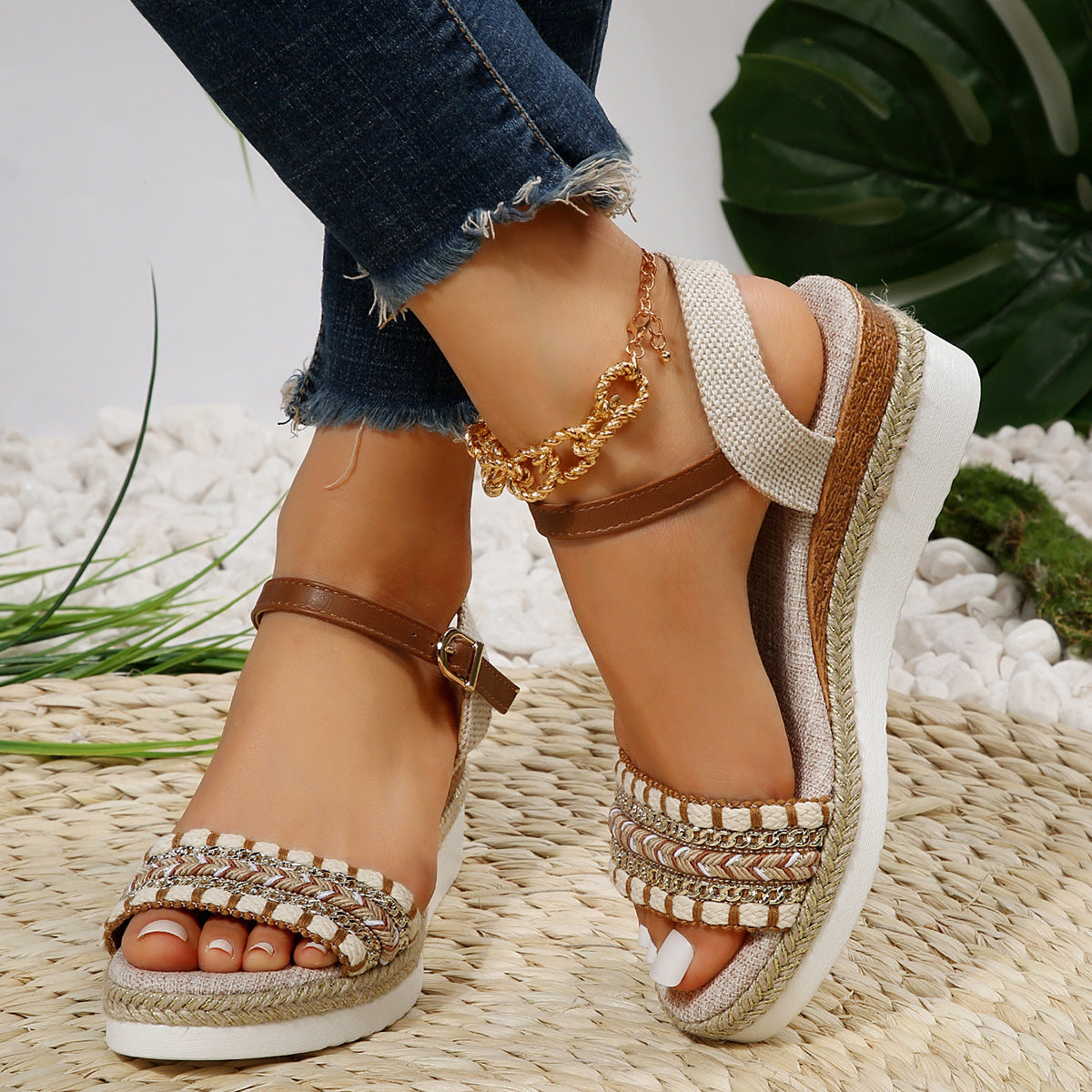 Mette | Women's Braided Wedge Sandals with Glitter Ankle Strap