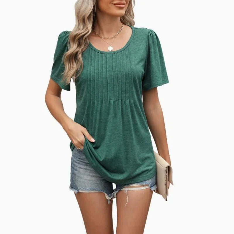 Liadan | Women's Puff Sleeve Pleated Round Neck Loose Top