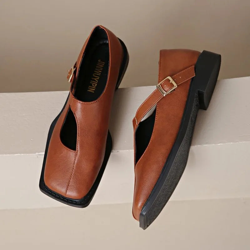 Hazel | Women's Chic Leather Mary Janes with Square Toe and Buckle Strap