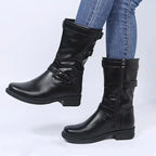 Xylara | Women's Buckle Strap Side Zip Mid-Calf Boots