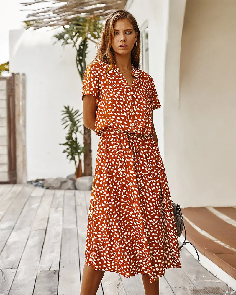 Eadric | Women's Floral Short Sleeve Belted Midi Summer Dress