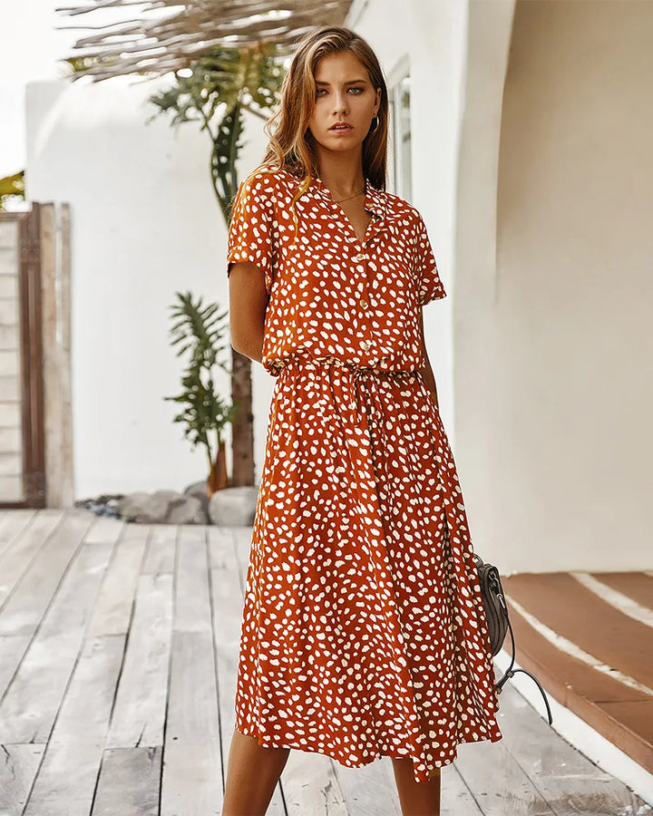 Eadric | Women's Floral Short Sleeve Belted Midi Summer Dress