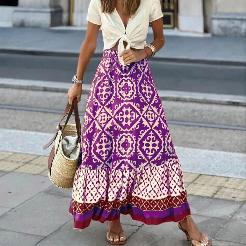 Drew | Women's Boho Geometric Print Tiered Maxi Skirt