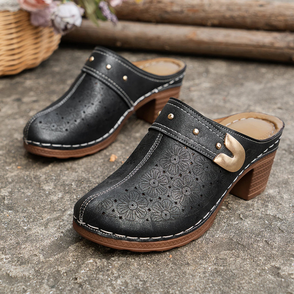 Lorelei | Women's Chic Heeled Slip On Clogs with Buckle Detail