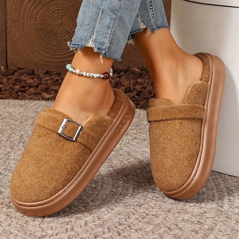 Isolde | Women's Fuzzy Slide-In Sandals with Buckle Detail