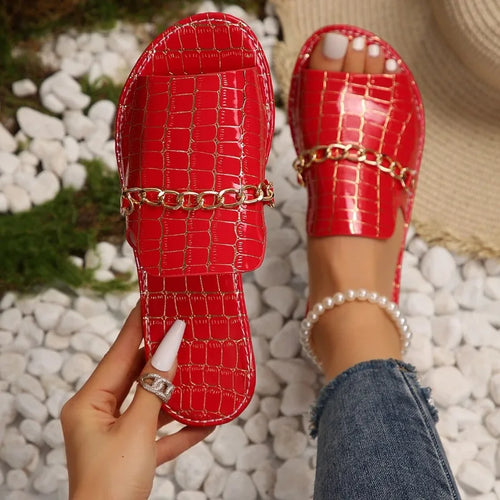 Celine | Women's Stylish Croc-Embossed Slide Sandals with Chain Detail