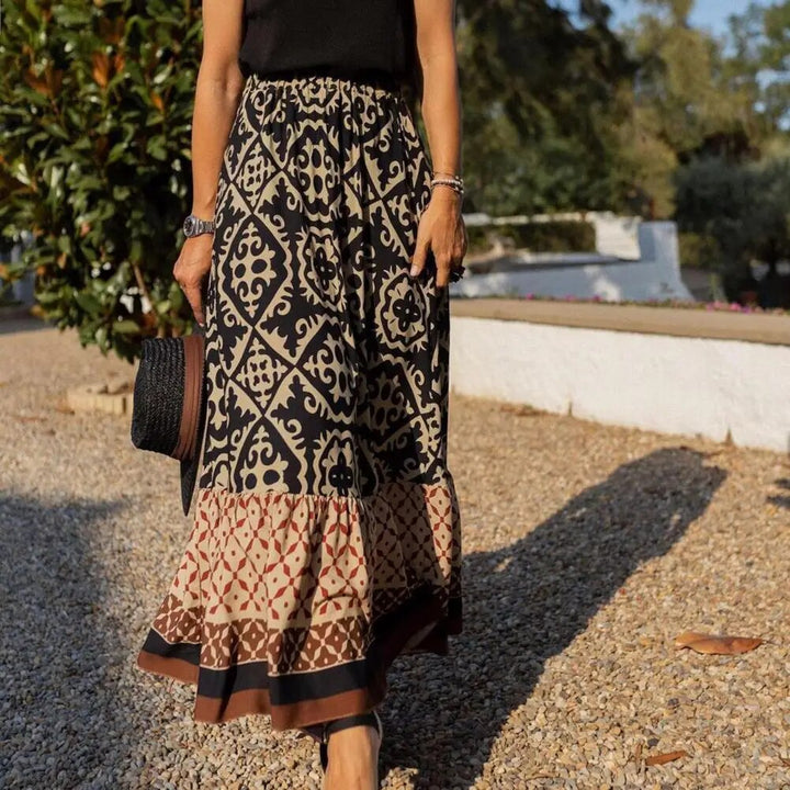 Drew | Women's Boho Geometric Print Tiered Maxi Skirt