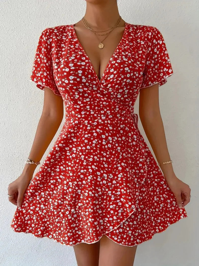 Luthais | Women's Floral Wrap V-Neck Mini Dress